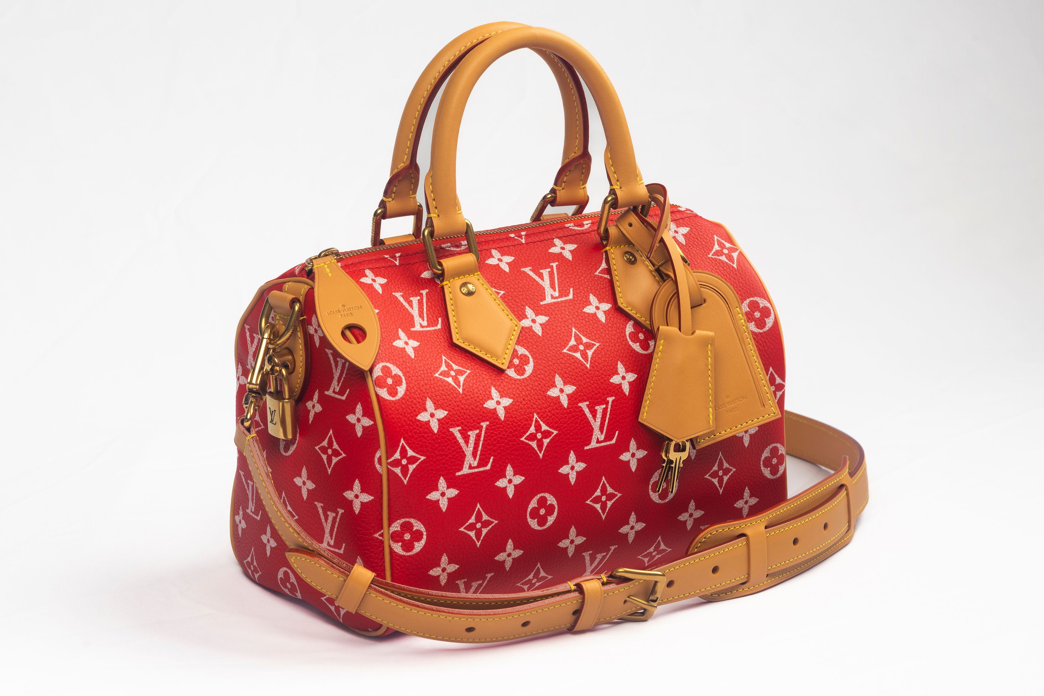 Front view of the Louis Vuitton Speedy P9 Bandouliere 25 showing the straps and tags