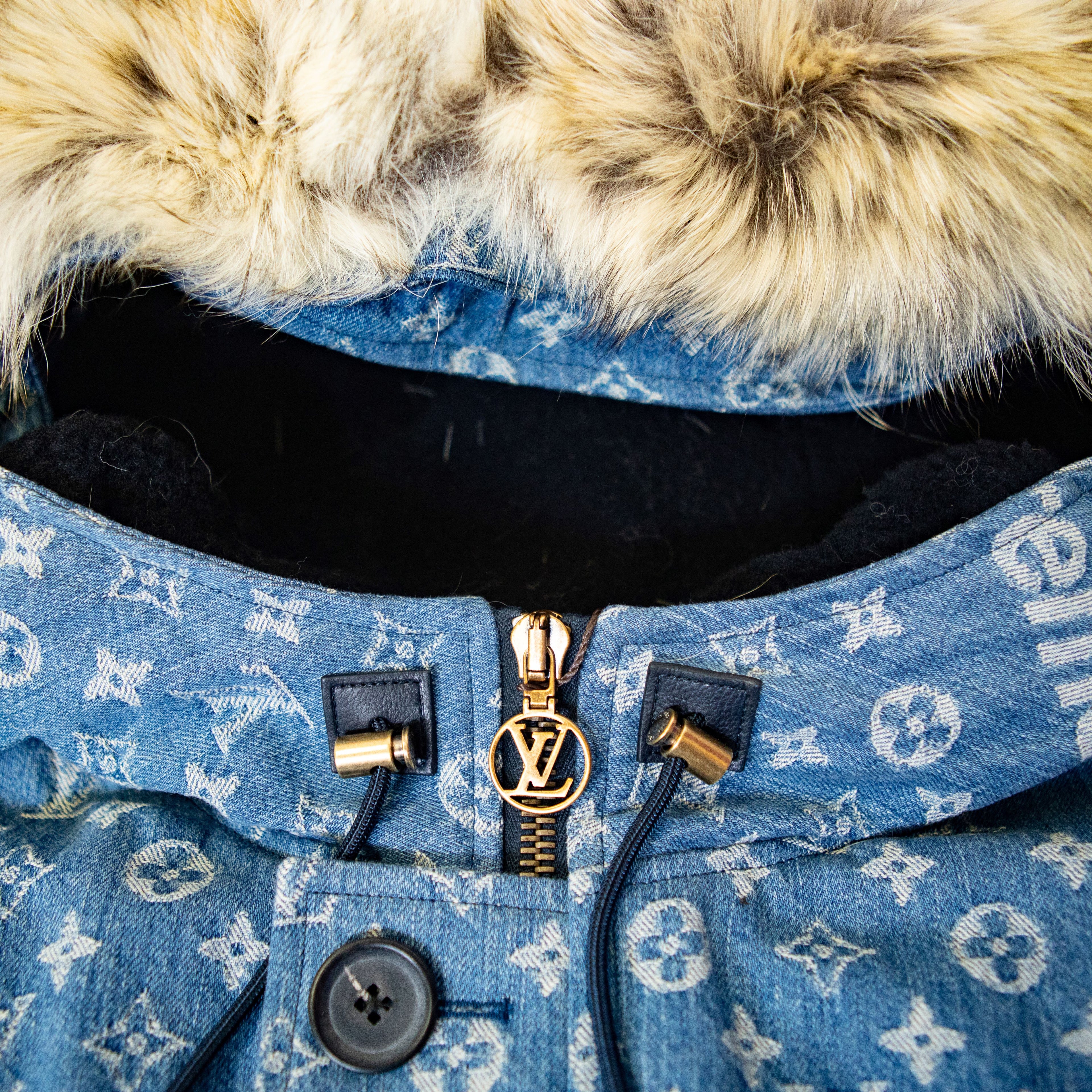 Supreme Louis Vuitton Jacquard Denim N-3B Parka close up image of the hood, zipper, and strings