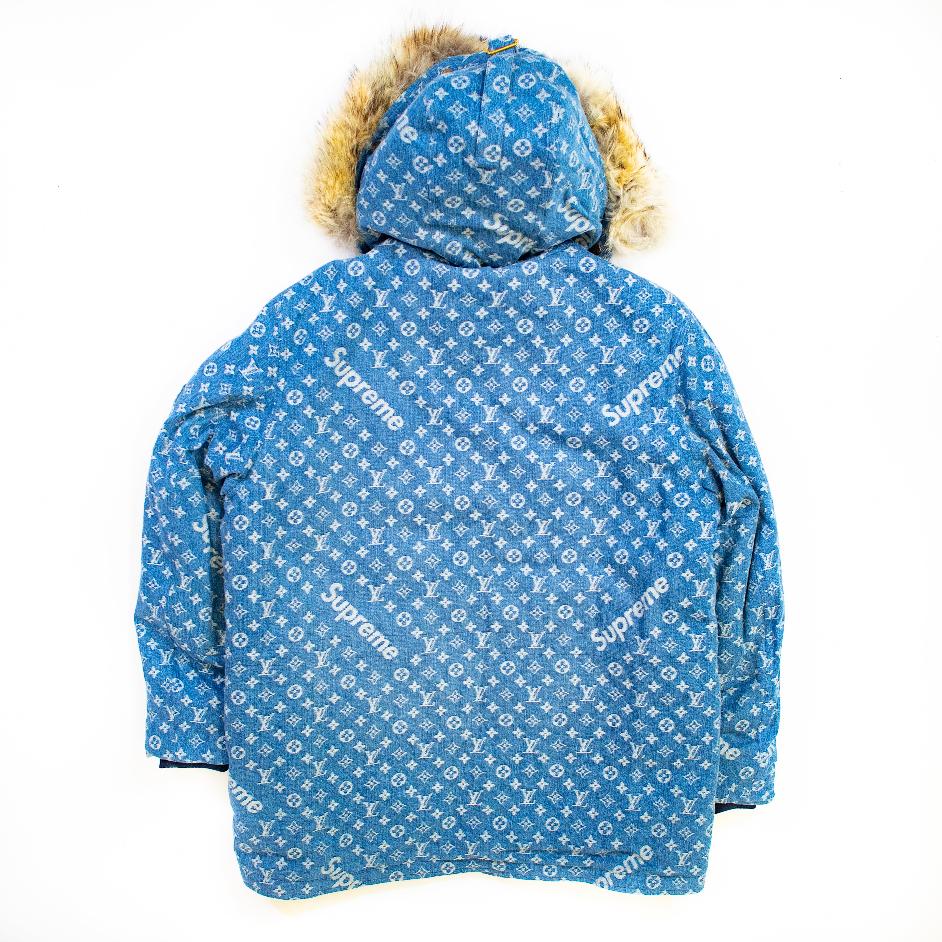 Supreme Louis Vuitton Jacquard Denim N-3B Parka back of the parka