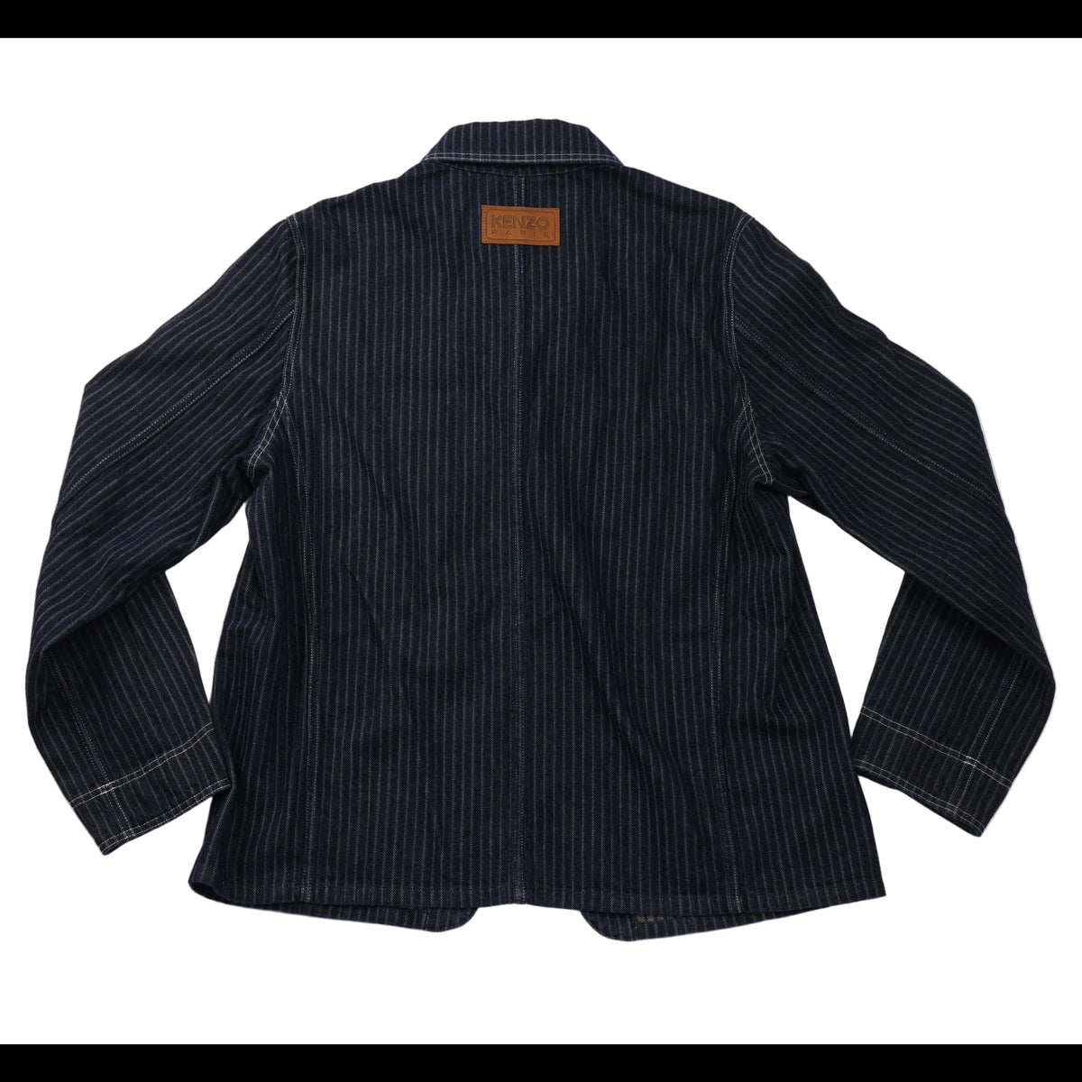 A dark navy blue pinstriped blazer shown from the back, laid flat on a white background.