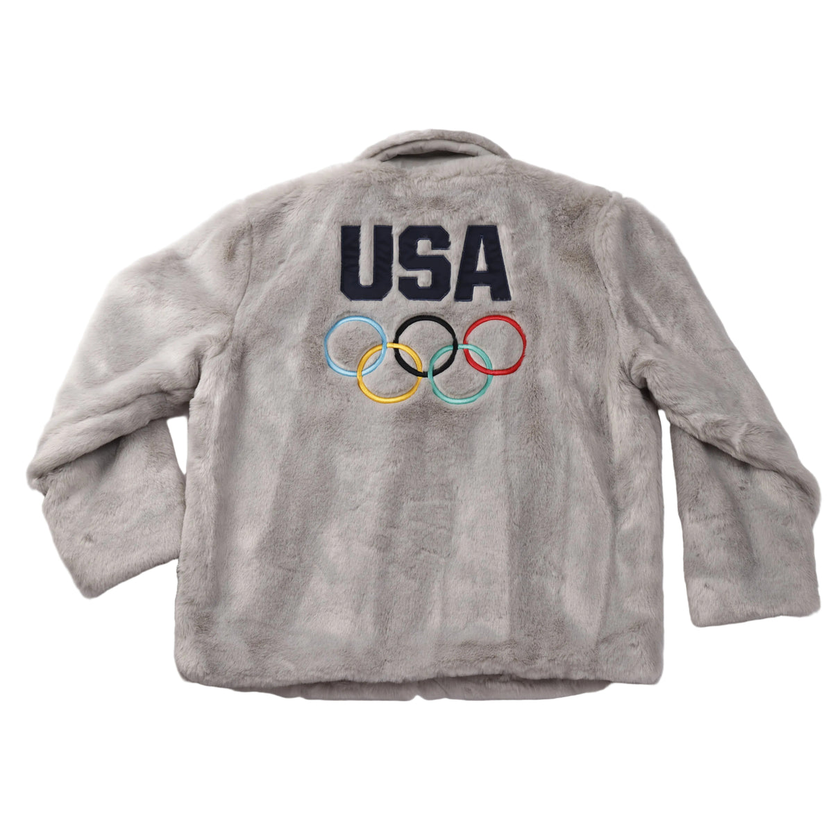 A light gray sherpa fleece jacket shown from the back, featuring 'USA' and the five Olympic rings embroidered in black, yellow, blue, green, and red on the upper back.