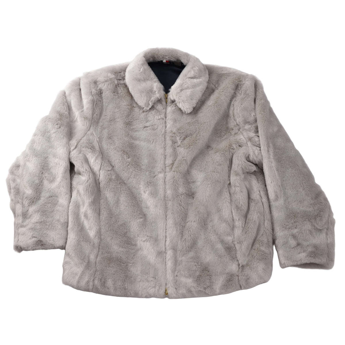 A light gray faux fur jacket with a collar and front zipper, laid flat on a white background.