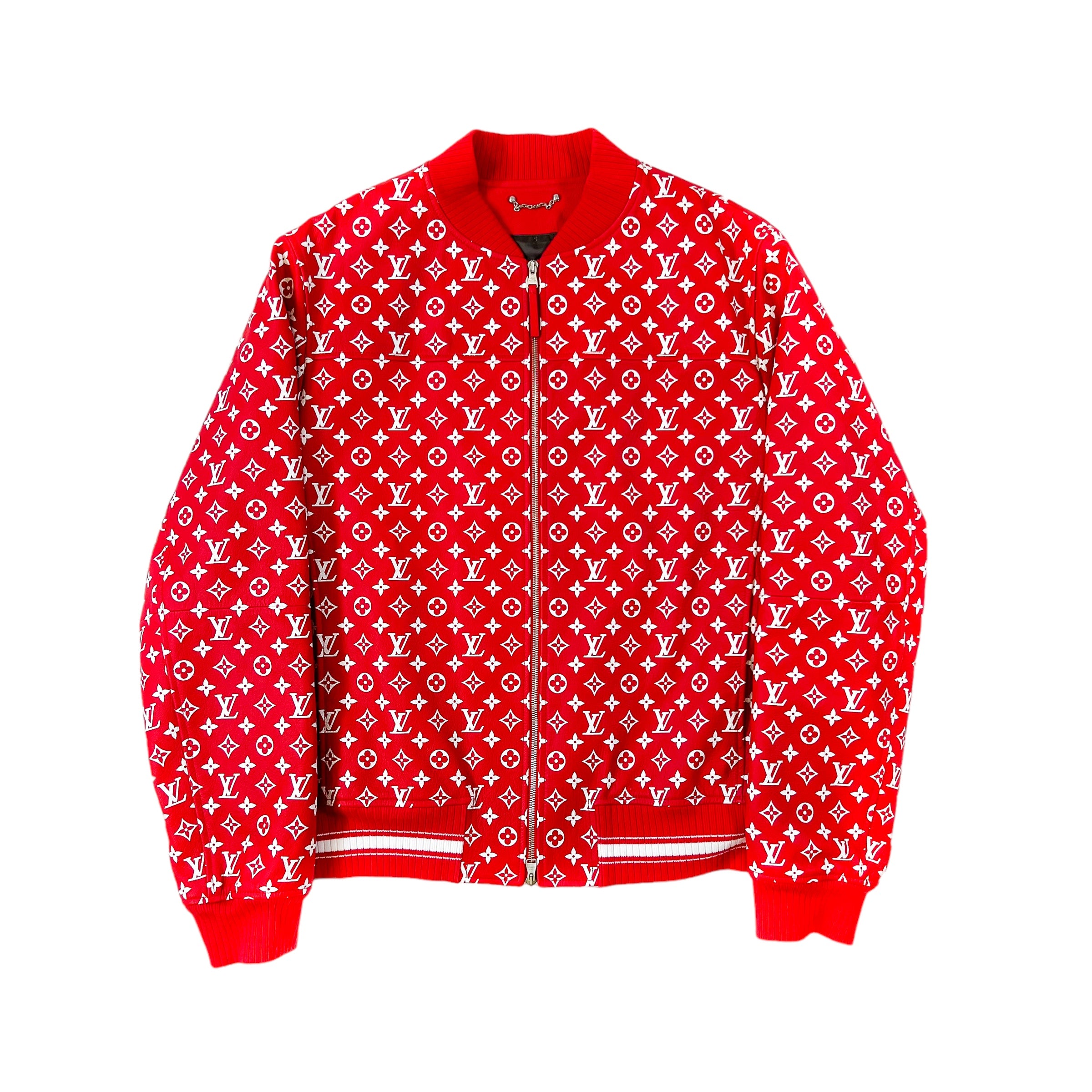 Supreme x Louis Vuitton Leather Monogram Bomber Zipped Up. Red and white color-way with amazing details.