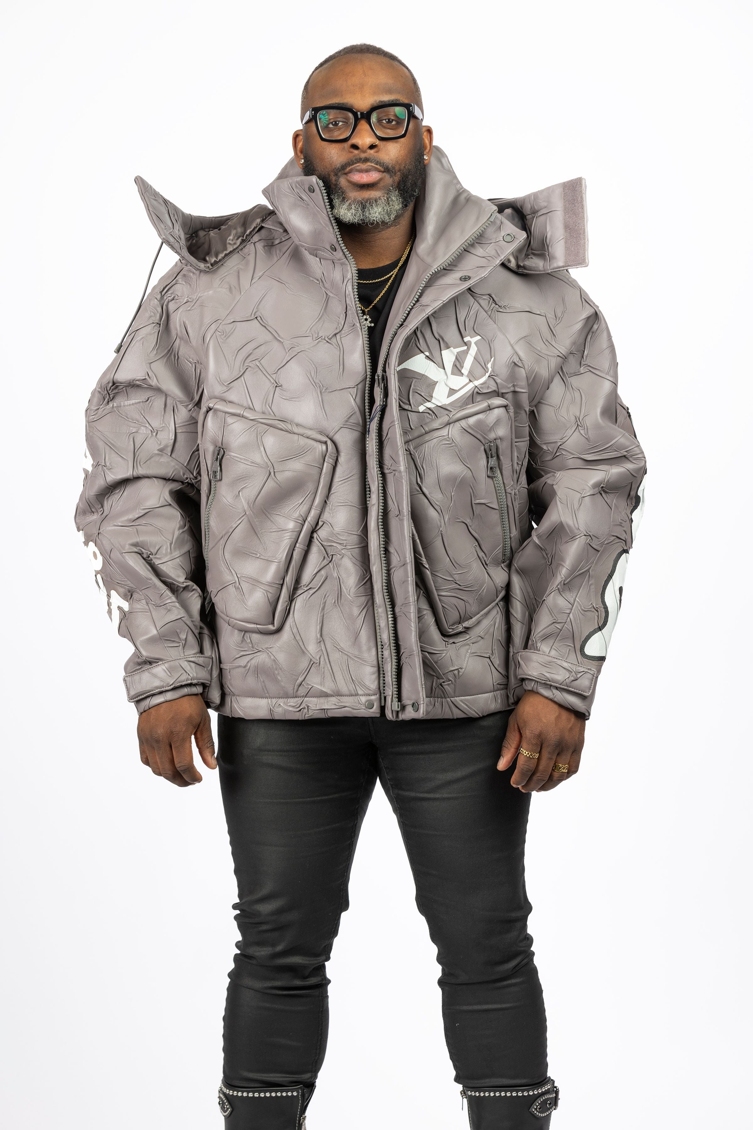 Grey Louis Vuitton Compressed Leather Blouson Jacket being modeled front view